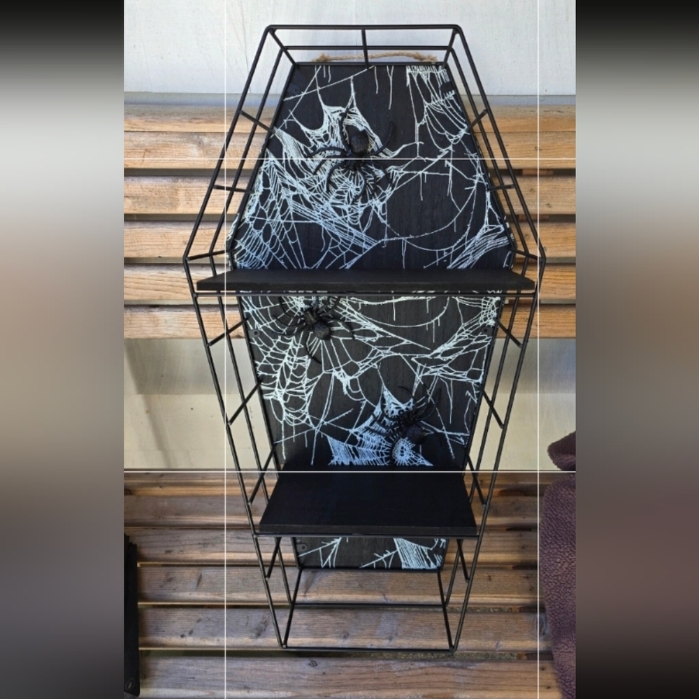 Black Coffin-Casket Shaped Shelf with Spider Web Wall Table Wooden